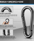 Front view of a black powder-coated steel carabiner clip with a spring-loaded gate
