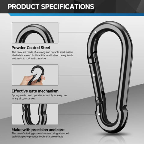 Front view of a black powder-coated steel carabiner clip with a spring-loaded gate