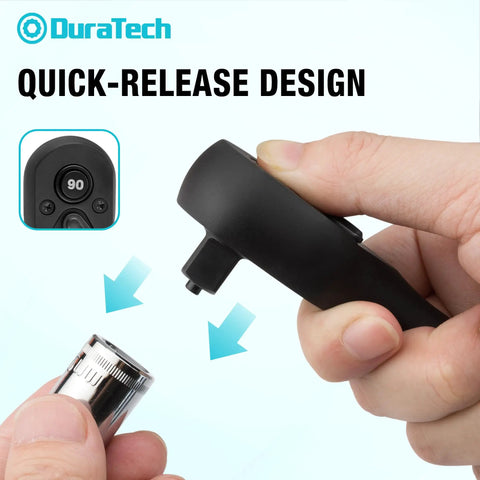 Close-up of quick-release mechanism on Three Piece Drive Ratchet Set With One Quarter Inch Three Eighth Inch And One Half Inch Drives Ninety Tooth