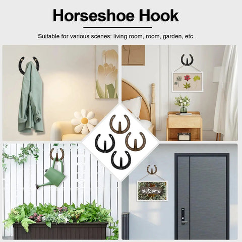 Heavy Duty Cast Iron Horseshoe Wall Hooks Wild West Coat And Hat Rack set displayed in various rooms with coats and decor.