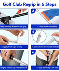 All In One Golf Club Regripping Kit With Vise Clamp Rubber Shaft Clamp Hook Blade Grip Solvent And Repair Tools For DIY Club Repair Complete At Home Grip Replacement Tool Set For Quick And Easy Grip Swap regripping process steps