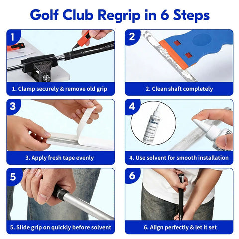 All In One Golf Club Regripping Kit With Vise Clamp Rubber Shaft Clamp Hook Blade Grip Solvent And Repair Tools For DIY Club Repair Complete At Home Grip Replacement Tool Set For Quick And Easy Grip Swap regripping process steps
