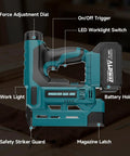 Cordless 18 Gauge Brad Nailer And Staple Gun Bundle With Battery And 1000 Piece Fastener Kit for woodworking, showing features like force adjustment and battery holder.