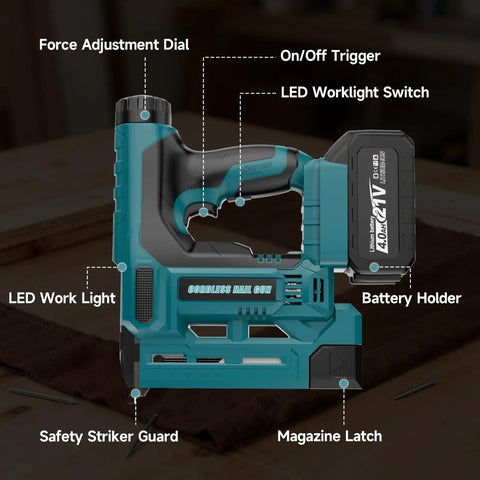 Cordless 18 Gauge Brad Nailer And Staple Gun Bundle With Battery And 1000 Piece Fastener Kit for woodworking, showing features like force adjustment and battery holder.