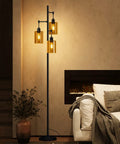 Industrial Floor Lamp With Amber Glass Shades Three Head Tree Design Tall Black Pole Lamp For Living Room Office And Bedroom