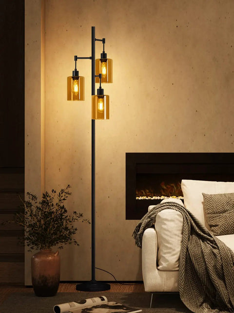 Industrial Floor Lamp With Amber Glass Shades Three Head Tree Design Tall Black Pole Lamp For Living Room Office And Bedroom