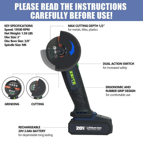 Cordless Cut Off Tool 20V Max Mini Portable Metal Cutter with three inch disc and 2Ah battery with fast charger, 19500 RPM