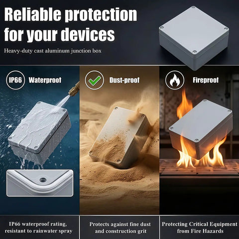 Heavy Duty Cast Aluminum Project Box With IP66 Waterproof Rating Tough As Nails High Strength Heat And Cold Resistant Junction Enclosure Electrical Storage Cabinet 7.4 X 4.7 Inches in waterproof, dust-proof, and fireproof scenarios.