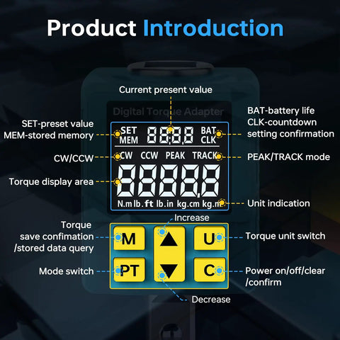 Half Inch Digital Torque Adapter With Color Display And Smart Alerts For Auto Maintenance Pro Grade Precision Peak Track Preset And Store Features Versatile Torque Wrench Adapter From 7.5 To 150 Foot Pound Range showing interface and control buttons