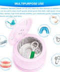 Dual Mode Ultrasonic Cleaner For Dentures Mouth Guards Toothbrush Heads And Jewelry 45 KHz Retainer Cleaner With 5 Minute Quick Blue Light Clean And 3 Minute Deep Purple Light Clean Pink