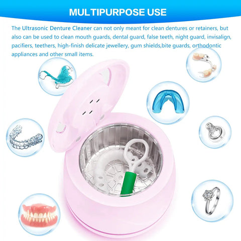 Dual Mode Ultrasonic Cleaner For Dentures Mouth Guards Toothbrush Heads And Jewelry 45 KHz Retainer Cleaner With 5 Minute Quick Blue Light Clean And 3 Minute Deep Purple Light Clean Pink