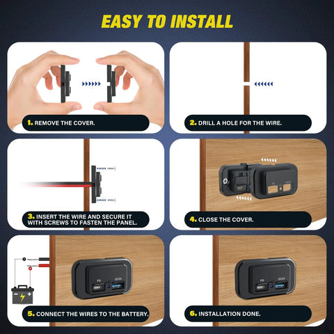 Install In Seconds Without A Sweat Because This Road Ready 12V 24V Dual USB Socket Panel shows installation steps for quick setup.