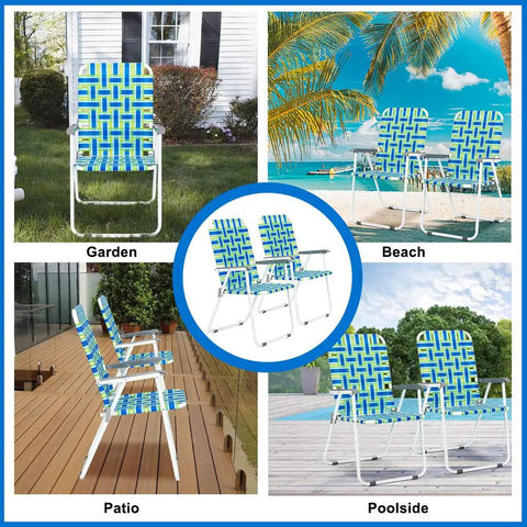 Two Pack Webbed Folding Lawn Chairs For Outdoor Use Beach Camping Patio Garden Backyard Dining Blue with breathable webbing