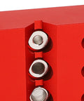 Close-up of Pro Grade 30 Degree 45 Degree 90 Degree Drill Guide For Woodworking with steel drill sleeves on aluminum alloy hole jig.