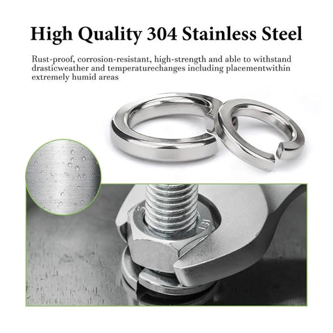 1000Pcs 304 Stainless Steel Spring Washers Kit Nine Size Set M2 M2.5 M3 M4 M5 M6 M8 M10 M12 For Mechanical Automotive Equipment Outdoor Furniture Pro Grade Anti Loosening Locking Fastening spring washer close-up on bolt