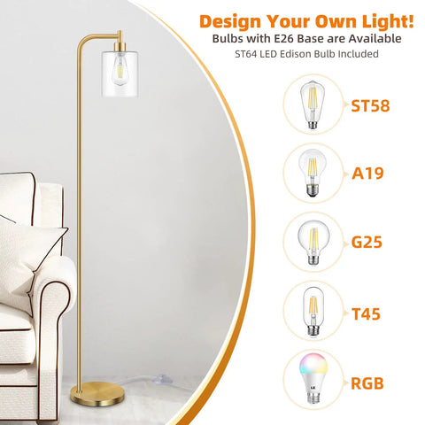 Industrial Floor Lamp With Dope Hanging Glass Shade And Brass Gold Farmhouse Indoor Pole Light Edison E26 Base Vintage Rustic Standing Tall For Living Room Bedroom Or Office Bulb Included next to sofa
