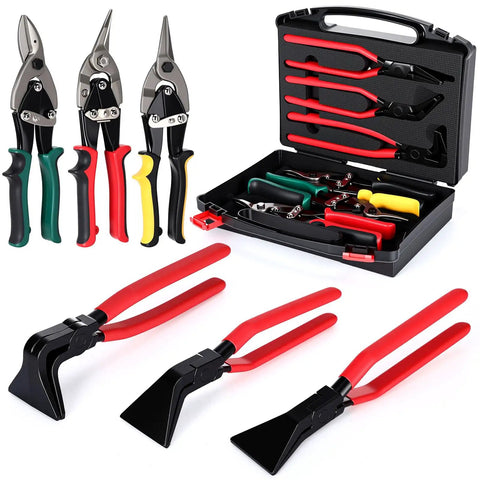 6 In 1 Sheet Metal Tools Set with 3 hand seamer pliers, 3 aviation tin snips, and storage case for HVAC duct work