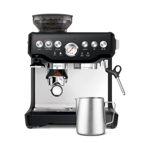 Barista Grade Espresso Machine With Integrated Conical Burr Grinder Bean To Cup Coffee Maker Featuring Manual Steam Wand For Creamy Microfoam And Show Stopping Latte Art In Modern Black Truffle Finish with milk frothing pitcher.