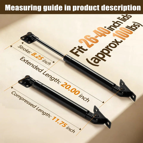 Heavy Duty 20 Inch Gas Struts 100 Lb Lift Support Dual Side T Bracket with measurements for 26-40 inch lids.
