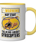 Gyrocopter Themed Ceramic Mug For Gyroplane Enthusiasts And Autogyro Fans 11 Ounce Yellow And White Coffee Cup Dishwasher And Microwave Safe Perfect Gift For Aviation Nerds And Flight Hobbyists with a warning sign design