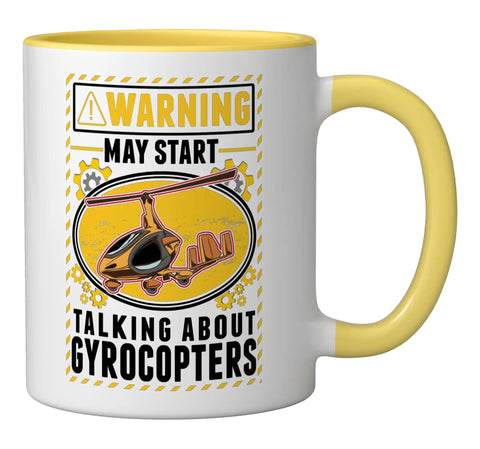 Gyrocopter Themed Ceramic Mug For Gyroplane Enthusiasts And Autogyro Fans 11 Ounce Yellow And White Coffee Cup Dishwasher And Microwave Safe Perfect Gift For Aviation Nerds And Flight Hobbyists with a warning sign design