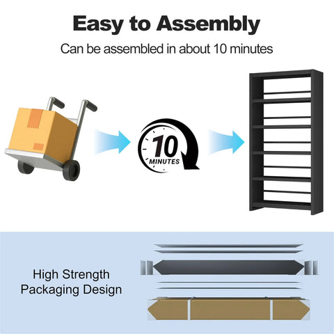 Rock Solid 5 Tier Metal Bookshelf Black Heavy Duty Industrial Bookcase 69 Inches Tall easy assembly graphic