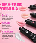 HEMA Free Builder Gel Kit With 6 Colors 15ml Each For Nail Extensions tubes on pink background highlighting formula benefits.