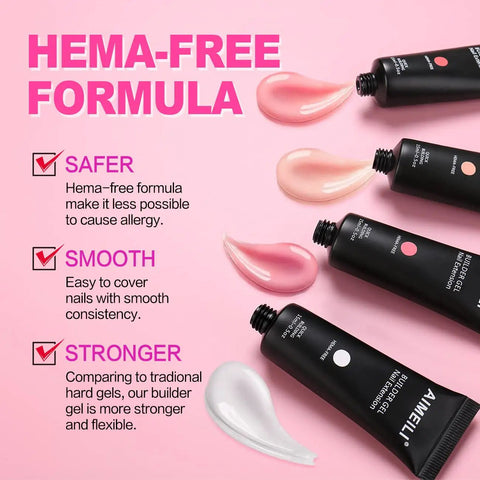 HEMA Free Builder Gel Kit With 6 Colors 15ml Each For Nail Extensions tubes on pink background highlighting formula benefits.