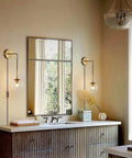 Mid Century Modern Globe Wall Sconce Set Of Two Plug In Brushed Brass Gold Finish With Clear Bubble Glass Balls For Bathroom