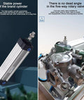 Heavy Duty Horizontal Liquid And Paste Filling Machine With Dual Pneumatic Heads, Adjustable Stainless Steel Bottle Filler For Food And Chemical Jobs, Pro Grade Copper Motor, Built Tough For Any Garage Or Workshop Build, showcasing cylinder and rotary valve.