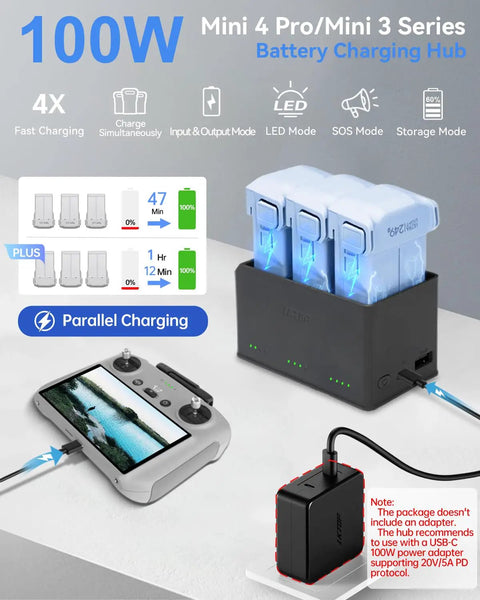 100W Mini Parallel Charging Hub For DJI Mini 5 4 3 Series And SKYROVER X1 Drone Batteries Charge 3 Batteries At Once USB C Pass Through Storage LED Alarm Plus Super Fast 47 To 72 Minute 3 Battery Charging with controller and power adapter