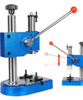 Built Tough Half Ton Manual Press Heavy Duty Iron Desktop Arbor Tool With Spring Assisted Lever For No Sweat Shaft Installation and Smooth Shop Bench Upgrades, blue with red lever.