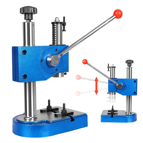 Built Tough Half Ton Manual Press Heavy Duty Iron Desktop Arbor Tool With Spring Assisted Lever For No Sweat Shaft Installation and Smooth Shop Bench Upgrades, blue with red lever.