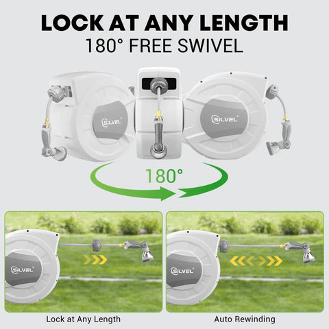 Heavy Duty Retractable Garden Hose Reel With 100 Ft Of Half Inch Hose, Wall Mount No Tangle Auto Lock At Any Length, 180 Degree Swivel