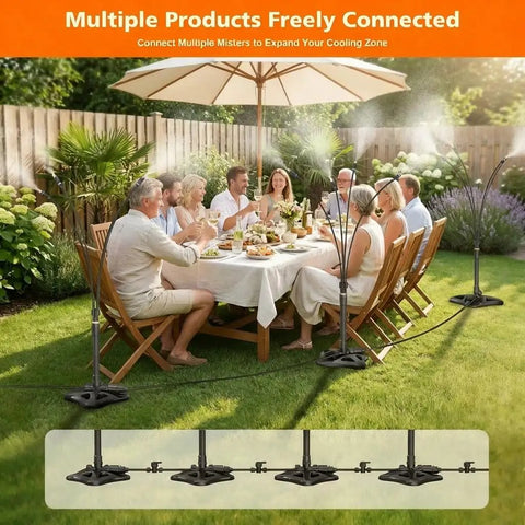 Outdoor Standing Mister For Patio Cooling, 26.2 Ft Portable Misting Station setup around dining area for backyard chill