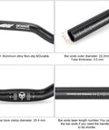 Close-up of 620mm Aluminum Mountain Bike Handlebar 25.4 Clamp Riser, featuring details on non-slip durable alloy with laser length markers.