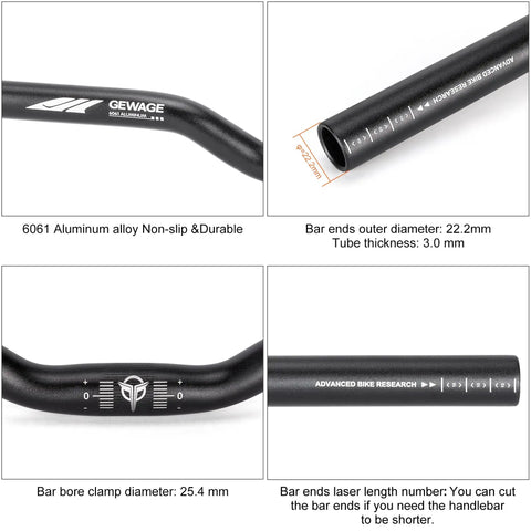 Close-up of 620mm Aluminum Mountain Bike Handlebar 25.4 Clamp Riser, featuring details on non-slip durable alloy with laser length markers.