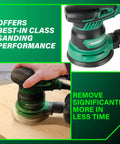 5 Inch Random Orbit Finishing Sander With Variable Speed And Palm Size Comfort Grip 230W Motor 9000 To 13000 RPM in use on wood