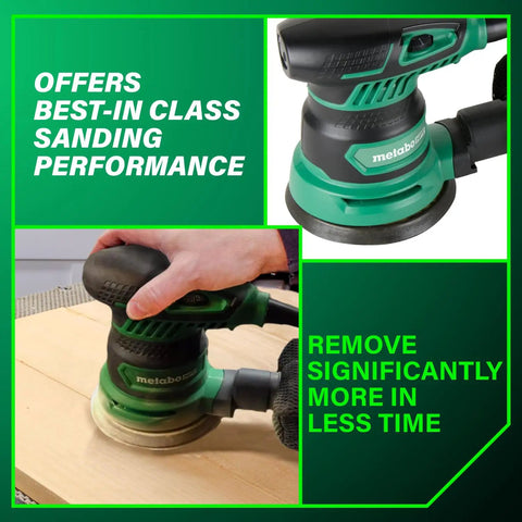 5 Inch Random Orbit Finishing Sander With Variable Speed And Palm Size Comfort Grip 230W Motor 9000 To 13000 RPM in use on wood