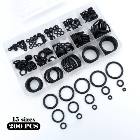 200 Piece O Rings Assortment Kit Nitrile Rubber Seals Gaskets Set For Plumbing Faucets Automotive Repair Carburetors And Pressure Washers 15 Sizes High Temperature Resistant in a plastic case with compartments