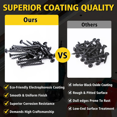 Tough As Nails Black Wood Screws For Drywall And Sheetrock Flat Head Coarse Thread Design Phillips Drive comparison of coating quality.