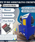 Heavy Duty Electric Hydraulic Hose Crimping Machine Workhorse With Ten Interchangeable Dies For One Quarter To Two Inch Steel And Oil Pipes showing foot switch and operation modes.