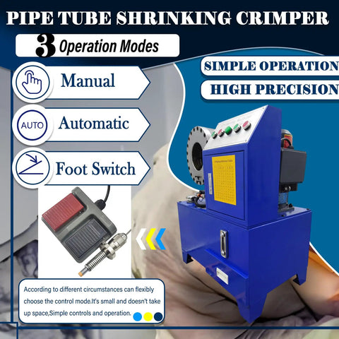 Heavy Duty Electric Hydraulic Hose Crimping Machine Workhorse With Ten Interchangeable Dies For One Quarter To Two Inch Steel And Oil Pipes showing foot switch and operation modes.