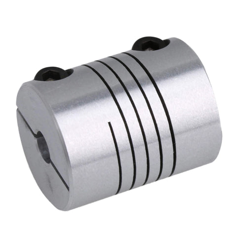Side view of a silver aluminum CNC shaft coupling with two black set screws for 5x8mm motor shafts.