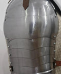 Close-up of Medieval Iron Gorget With Pauldrons and Gothic Spaulders Armor Set Fully Wearable with Adjustable Straps on a person