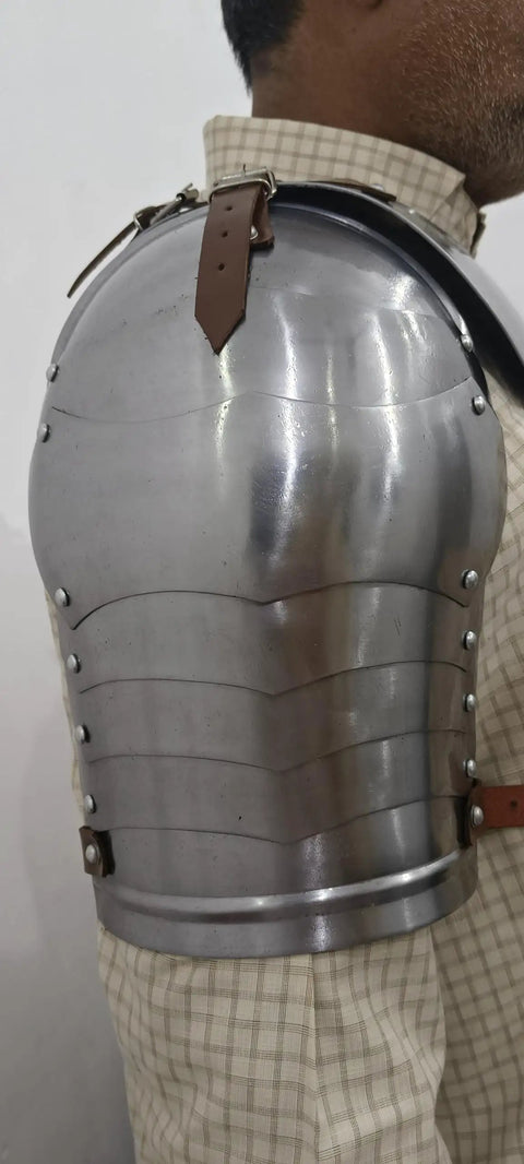 Close-up of Medieval Iron Gorget With Pauldrons and Gothic Spaulders Armor Set Fully Wearable with Adjustable Straps on a person