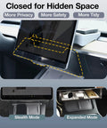 Tesla Hidden Under Screen Storage Box With One Tap Open And Smooth Damping Slides shown closed and open under screen.