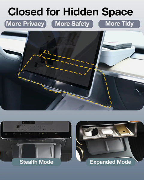 Tesla Hidden Under Screen Storage Box With One Tap Open And Smooth Damping Slides shown closed and open under screen.