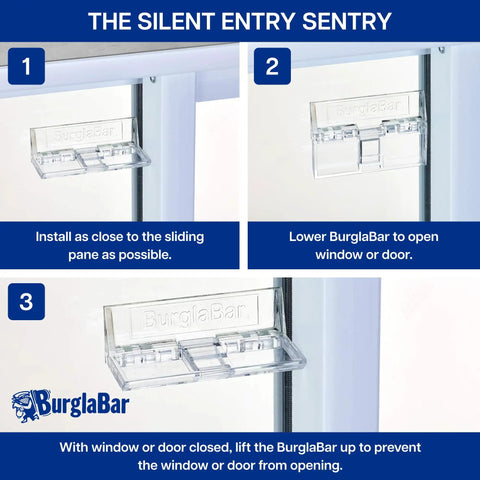 Three-step guide to install a four-pack hinge style sliding door lock security kit for sliding glass doors and windows.