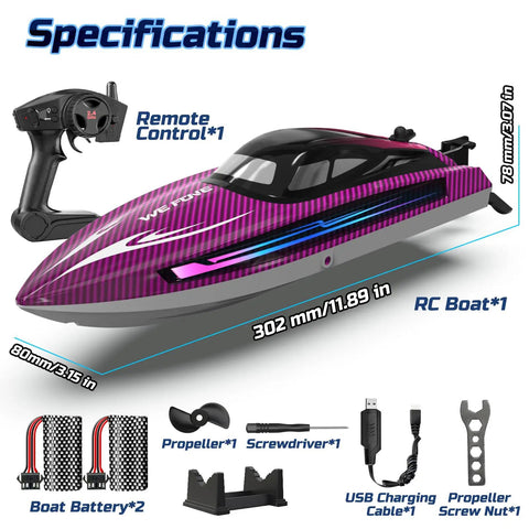 Fast Remote Control Boat For Adults With LED Lights And Self Righting, 15 MPH Racing RC Boat With 3 Speed Modes, Purple WF17